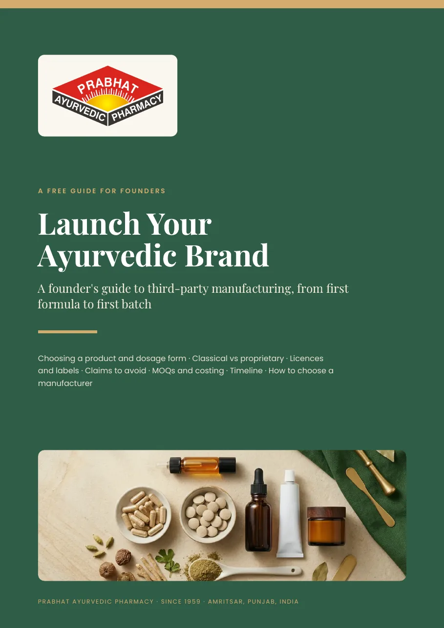 Cover of Launch Your Ayurvedic Brand, a founder's guide by Prabhat Ayurvedic Pharmacy