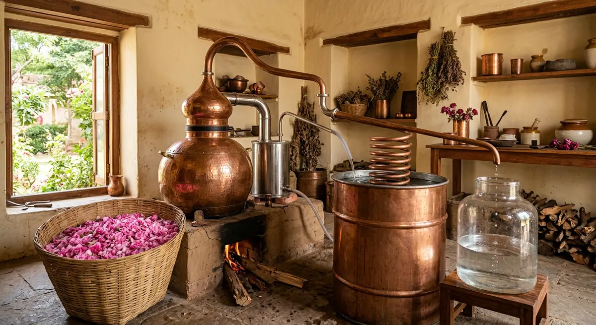 A copper rose-water distillation still with rose petals