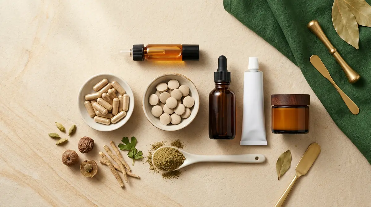 Capsules, tablets, oils, a tube, a balm jar and powder laid out flat