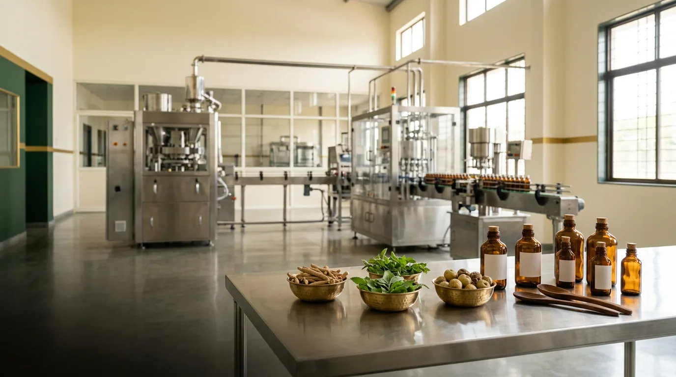 A modern Ayurvedic manufacturing floor, with herbs and amber bottles in the foreground